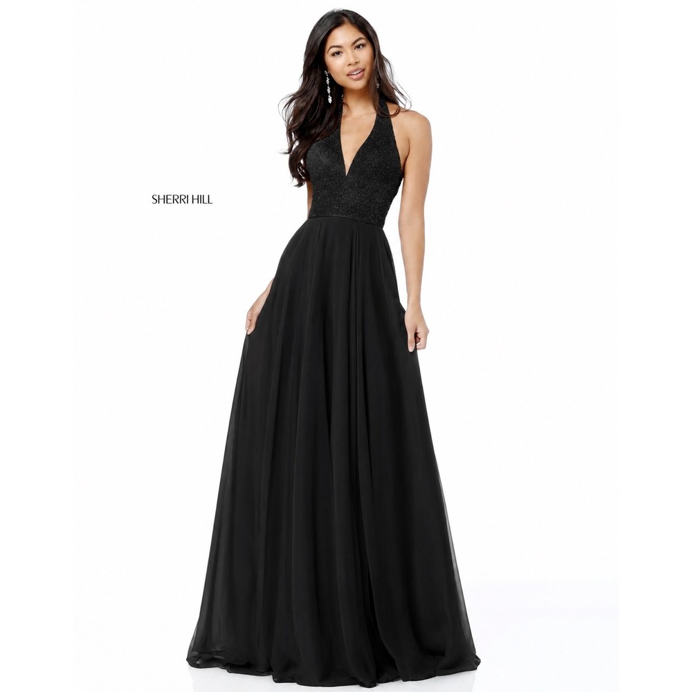 SHERRI HILL 51640 Black Sequin Halter Chiffon Gown – Size 6 NWT